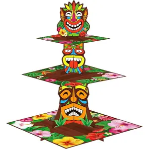 Hawaii Tiki upake Stand Hawaiian uau Party Deorations 3 Tier Tiki Faes and Tropia Fowers Theme upake Hoder Aoha Dessert Tower for Hawaii Summer Theme Party Suppies
