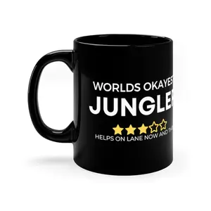 Worlds Okayest Jungler Coffee Tea 11oz Black Mug. Funny Arcane League Of Legends hot chocolate cup Gaming mug. Fun Netflix TV Show Lux Vi Ceramic