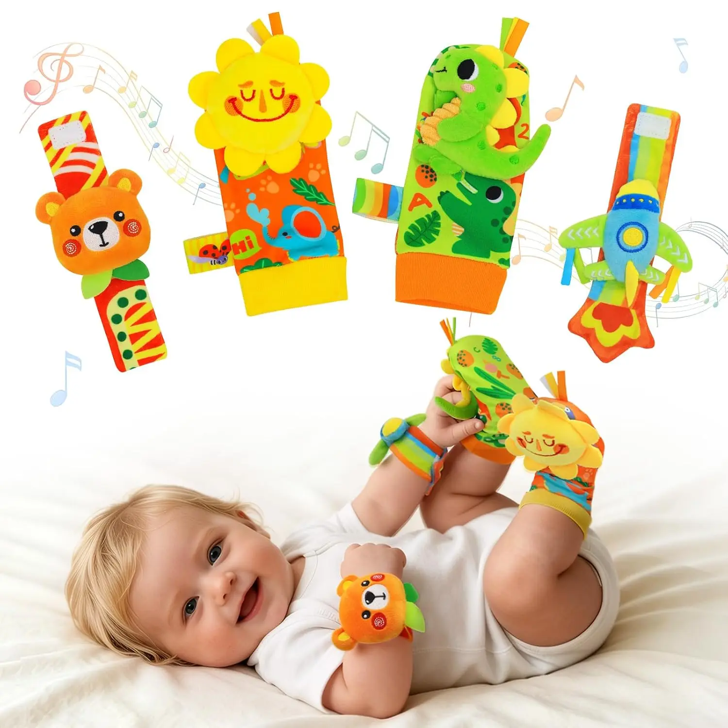 Baby Rattle Wrist Socks Sensory Toys for Infants 0-6 6-12 Months | Socks and Foot Finder Set with Sounds as Baby Shower Gifts, Newborn Essentials for Boy Girl Ages 0-12 Months