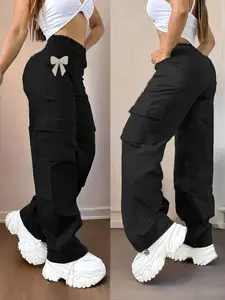 Women's Casual High-Waisted Cargo Pants, Womenswear, Medium Stretch, Practical Pockets, Geometric Pattern, All Seasons Wear, Fitted Style