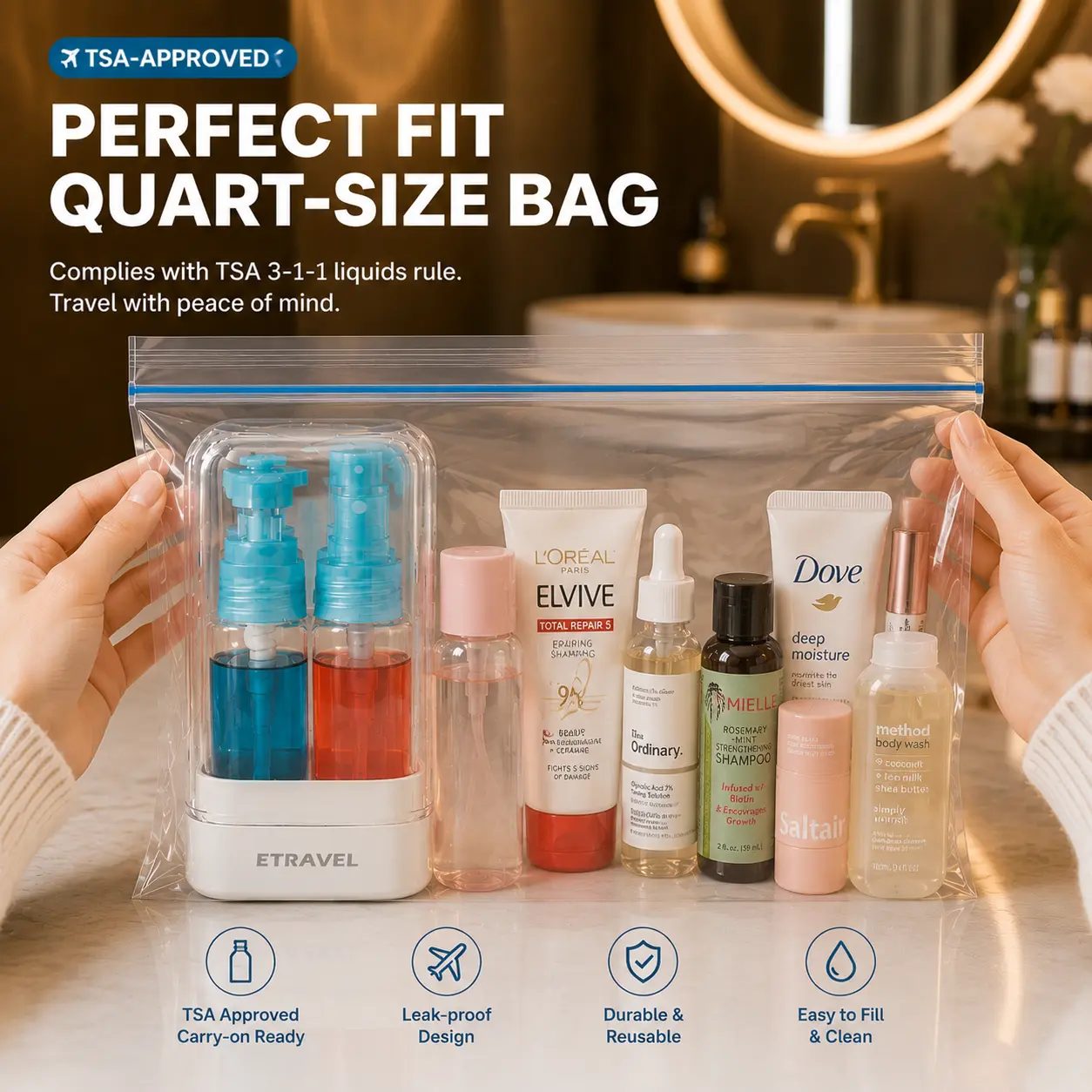 120ml Rectangle Modern 4-in-1 Travel Storage Dispenser Bottle Canister Organizer, TSA Approved 3-1-1 Carry-On Ready, Leakproof, Compact, Secure Seal Space Saver, 4-In-1 Design