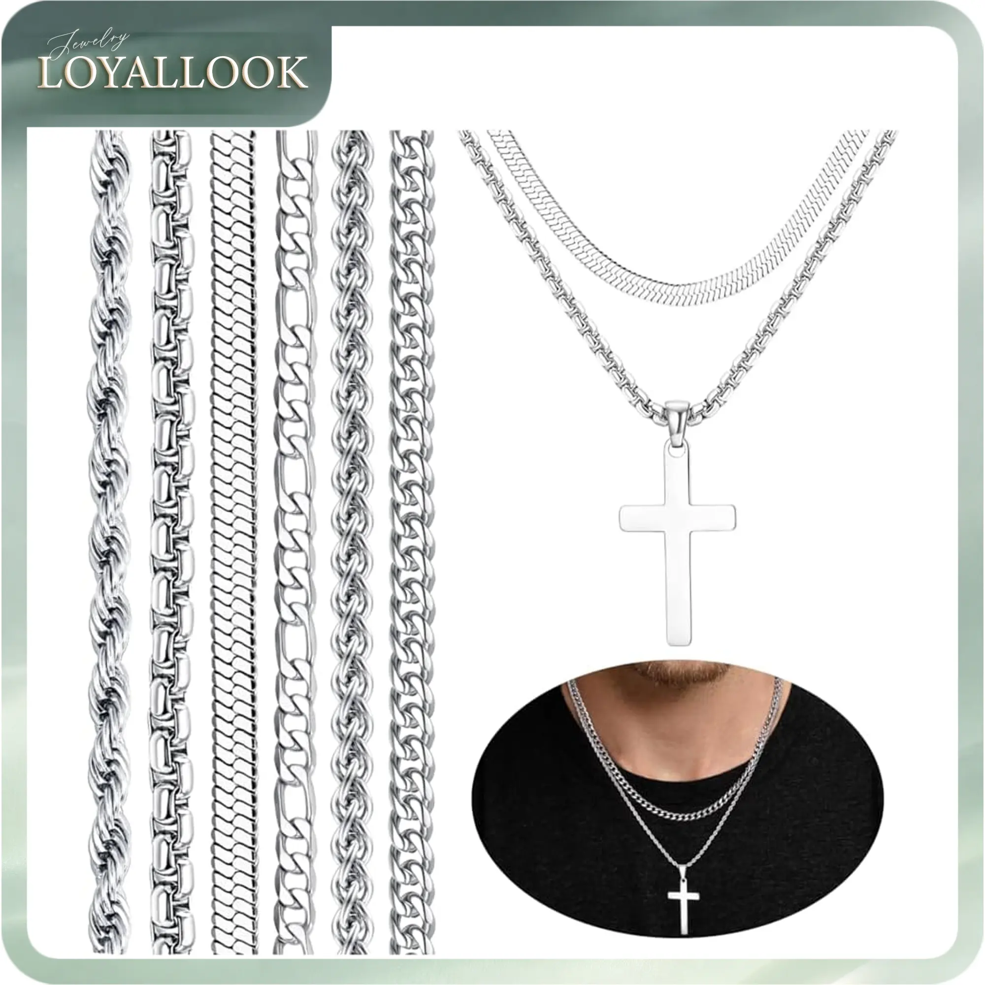 LOYALLOOK 6PCS Silver Stainless Steel Layered Necklaces - Cross Chain, Cuban Link, Figaro, Snake, Box Chain, Cross Pendant, 1.5” x 0.2”, 18-20 inches, 20inch/22inch Cuban Necklaces
