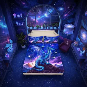 Dragon Fitted Sheet,Starry Sky Mountains Bedding Set for Kids Girls Boys Room Decor,Blue Purple Western Magical Bed Sheet,Wild Animal Trippy Sheet Set