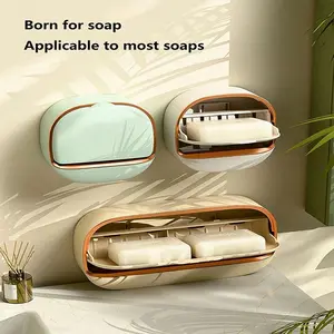 Luxury Soap Dish with Drain Tray, Waterproof Shower Soap Holder, Wall Mounted Soap Box with Lid, Bathroom Accessory, Soap Rack