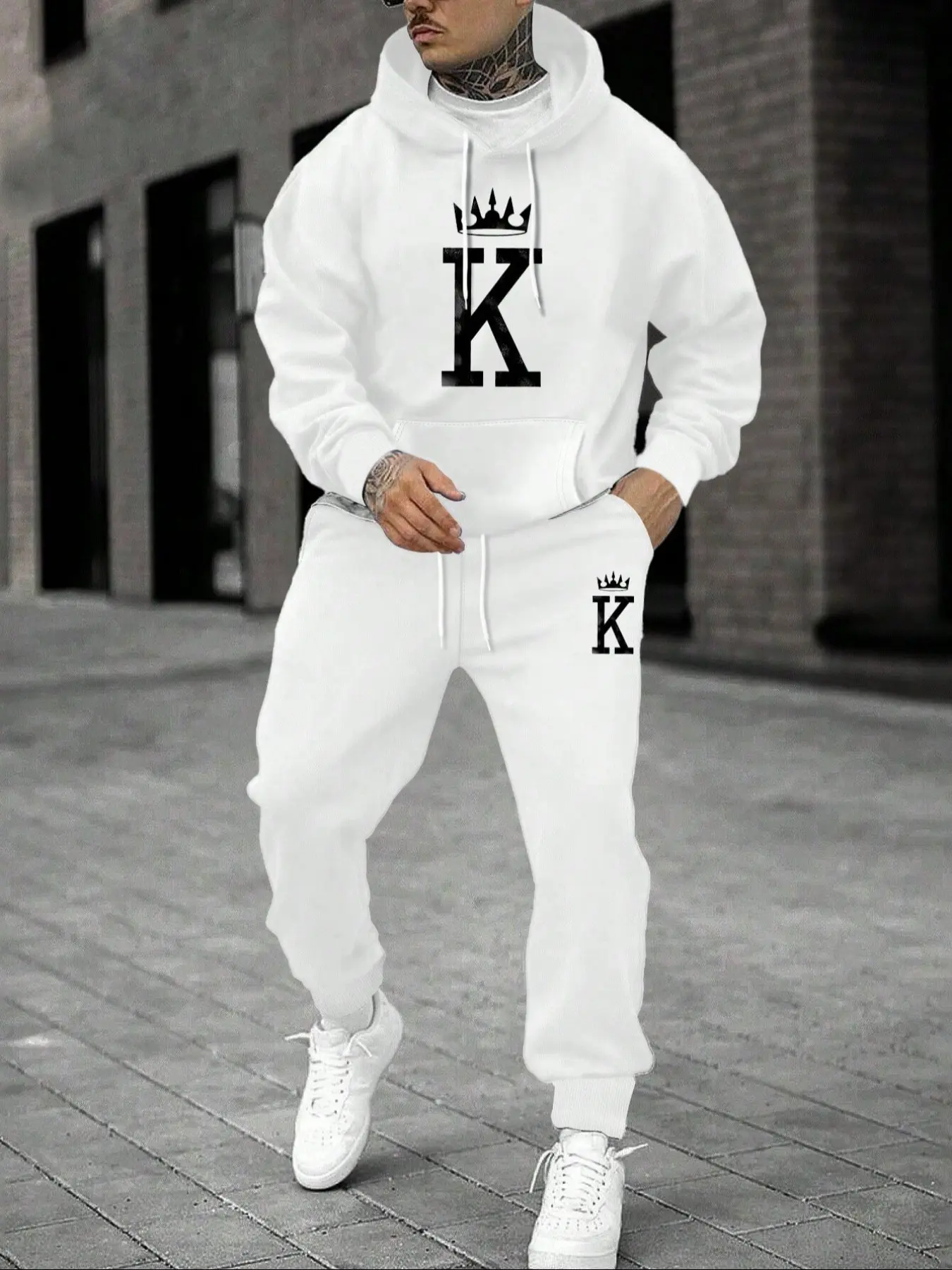 Men's Hooded Sweatshirt Set with Drawstring Pants, Casual Fitted Long Sleeve Warm Knit Top, Fashion Letter Print Pullover for Fall Winter Outdoor Activities