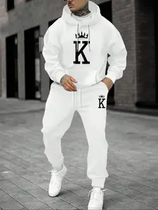 Men's Hooded Sweatshirt Set with Drawstring Pants, Casual Fitted Long Sleeve Warm Top, Fashion Letter Print Pullover for Fall Winter Outdoor Activities