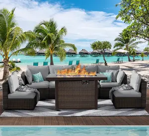 【3 packages shipping】7 Pieces Patio Furniture Set with 44" Fire Pit Table,Outdoor Sectional Sofa PE Rattan Conversation Sets for Garden Lawn Balcony