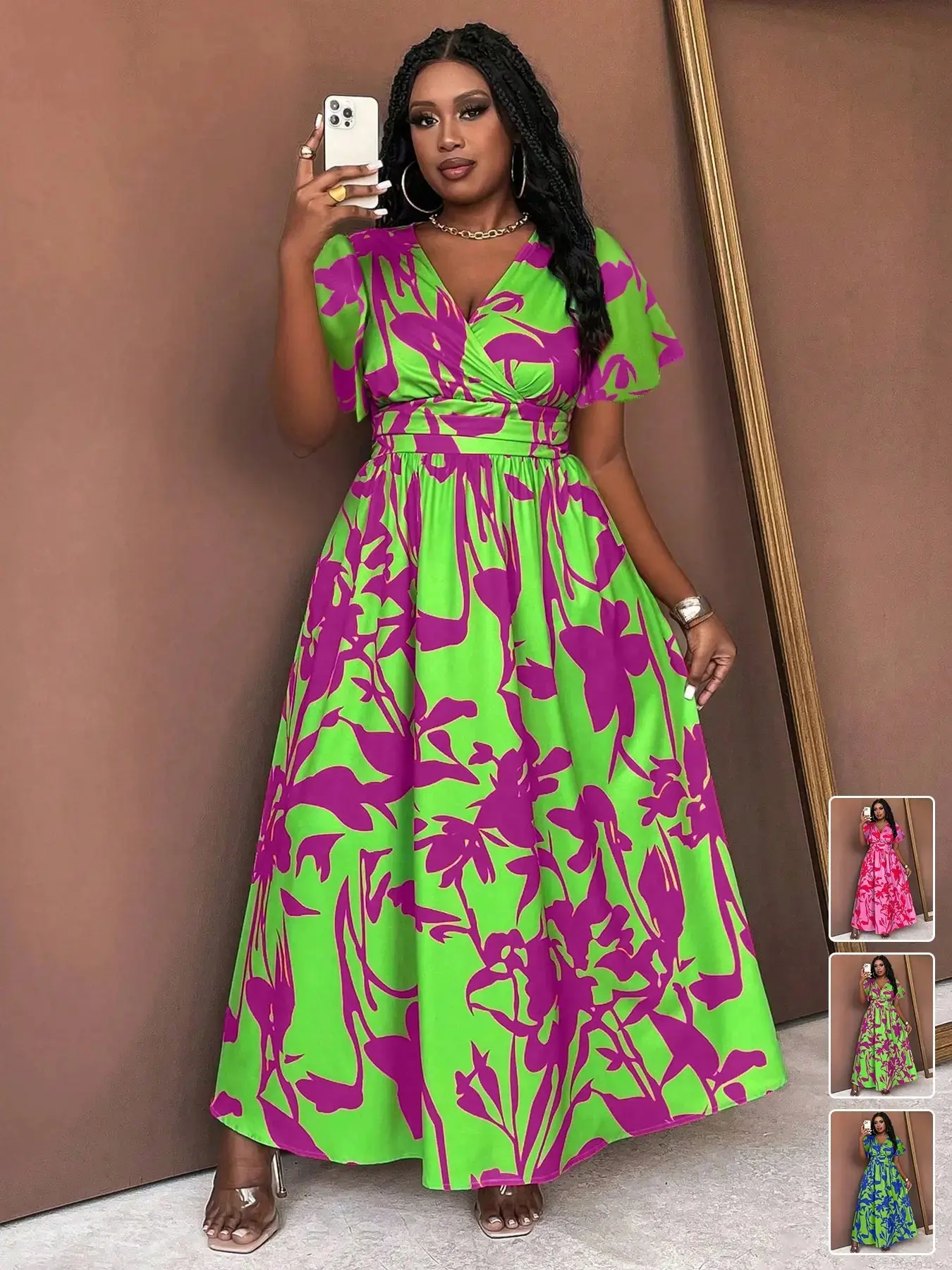 Plus Size Women's Floral Print Dress, Cross V Neck, Flutter Sleeves, High Waist Ruched Design, Vintage Tropical Style, Feminine, Summer
