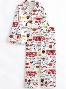 Stranger Things Sleepwear Set Two-Piece Lapel Button Top and Shorts, Women's Casual Home Wear, Comfortable Party