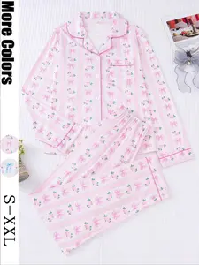 Women's 2-Piece Pajama Set, Bowknot Print, Holiday Party Sleepwear, Soft Shirt Collar Top & Elastic Pants, Casual Home Wear