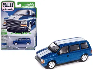 1989 Plymouth Voyager Turbo Van Daytona Blue Metallic with White Stripes and Interior 1/64 Diecast Model Car by Auto World