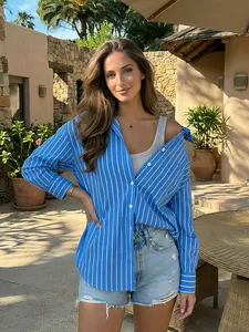Women's Striped Vintage Blue Beach Vacation Slimming Shirt, Loose Casual Top, Spring New Fashion, Ladies Hooded Cardigan