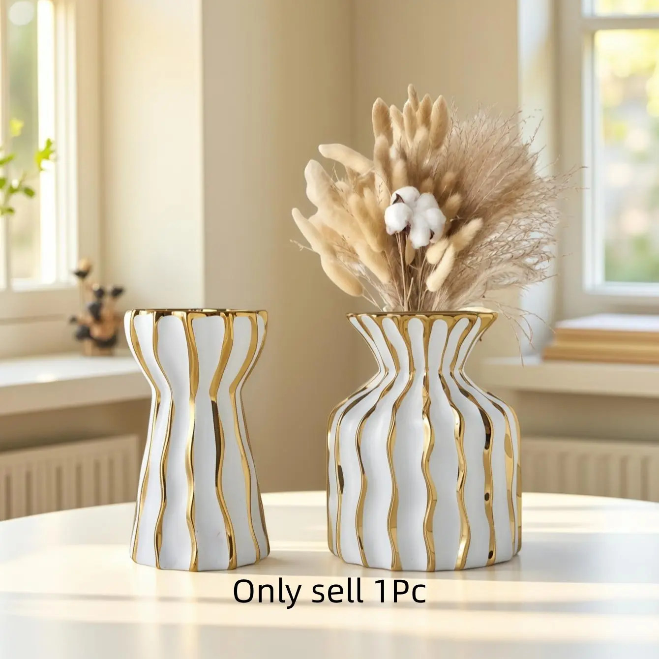 Light Luxury Striped Platinum Color Ceramic Vase, Small Fresh Style Flower Arrangement Vase for Living Room, Entrance, Balcony Decor, Home Decorative Vase, Ceramic Vases for Home Decor