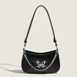 1pc Glossy PU Textured Underarm Bag, Sweet Cool Baddie Style Silver Butterfly Decor Chain Shoulder Bag, All-season Retro Style Niche Versatile Purse for Women Daily Dating Commute Shopping