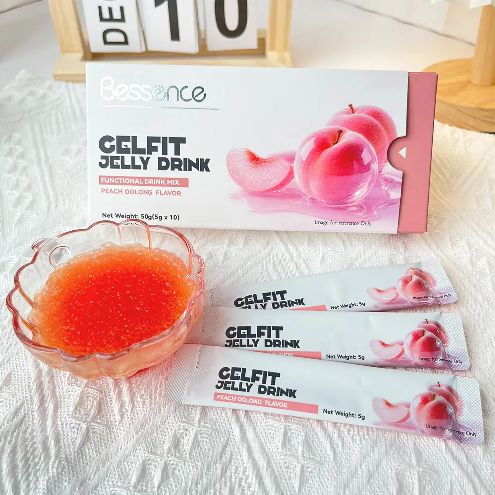 Bessence Gelfit Jelly Drink - Peach Oolong & Watermelon Flavor (10 Packets), Multi-Fruit Prebiotic Blend, Natural Vitamin C, High-Fiber Fitness Low-Calorie Quick & Convenient Liquid Energy Meal Replacement Beverage