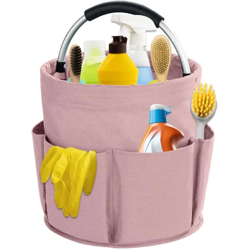 17L Cleaning Caddy with Handle, Cleaning Supplies Organizer, Foldable Storage Basket, Cleaning Supply Caddy, Portable Multi Cleaning Bucket Bag for Home, Garden (Pink)