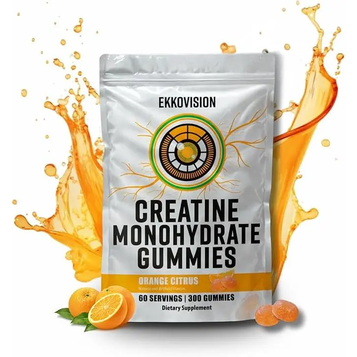 Ekkovision Creatine Monohydrate Gummies for Men and Women, Orange Citrus Flavor, Sugar Free Creatine Gummies for Pre Workout, Muscle Strength and Recovery, Vegan & Travel Friendly, 300 Ct, 60 Servings