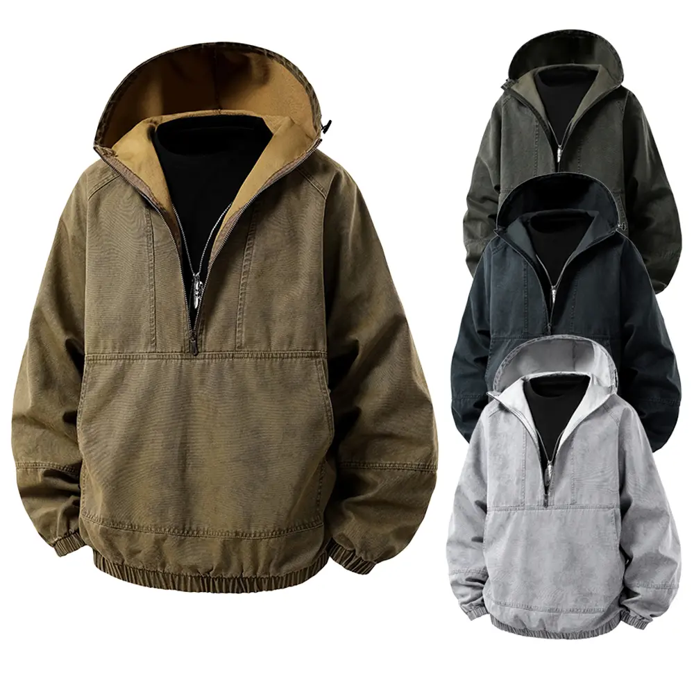Men's retro washed canvas Anorak hooded jacket with half zipper pullover, contrasting khaki lining, drawstring hood, elastic cuffs, oversized loose retro American workwear, outdoor streetwear jacket