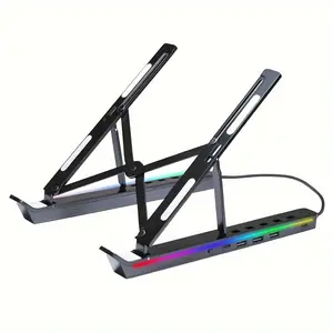 Aluminum Laptop Stand with RGB Lighting, Adjustable Height (1.8-7.1 inches), USB Hub Docking Station, Foldable Design, Cooling Desk Mount for Office, Home, and Entertainment Use