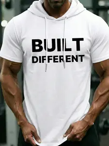 Built Different Graphic Hooded T-Shirt for Men, Muscle Fit Gym Tee, Versatile Athleisure Wear, Soft Comfortable Casual Top, Street Style & Light Outdoor Shirt, Perfect for Workout, Running, Hanging Out & Daily Casual Gym Wear Fitness T-Shirt