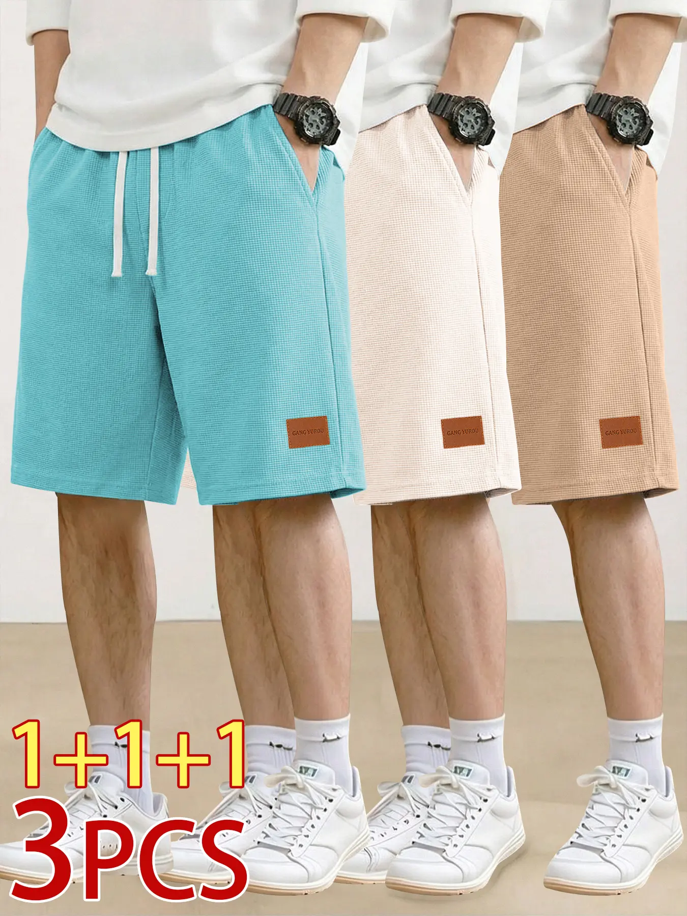 Men's Loose Solid-Color Shorts 3-Pack - Menswear with Pockets, Belt, Lightweight, Breathable, Casual Comfort - Ideal for Gym, Running - All-Season Men's Bottoms