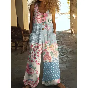 Women's Vintage Floral Romper - Non-Stretch Wide-Leg Jumpsuit, Button Front, Floral & Polka Dot Print in Pink/Blue/White/, Machine Washable for Parties, Beach, Everyday Outfits - Spring/Fall/Summer Outfits