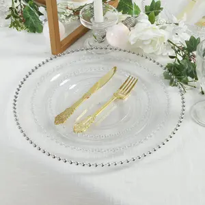 10-Pack Economy Round Plastic Charger Plates 13" in Clear with Silver Beaded Rim, Stylish Dinner Party Serving Plates
