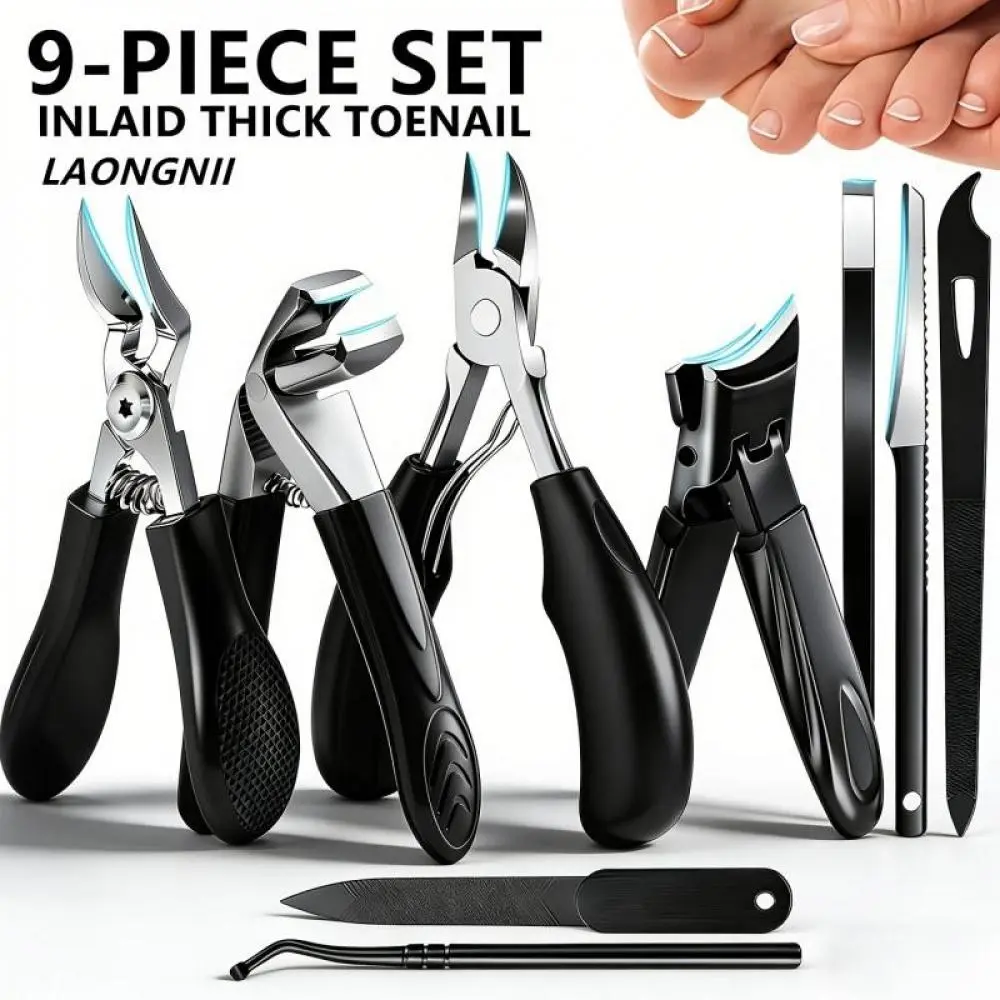 9PCS Professional Toenail Clipper Set for Thick Nails - Heavy Duty Stainless Steel Nail Care Kit with Wide Jaw Clipper, Angled Blade, Cuticle Nipper & Nail File for Ingrown Toenails, Adults & Seniors