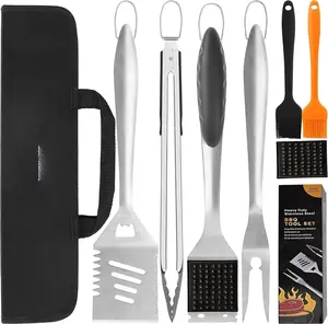 8 count BBQ Grill Tools Set with Extra Thick Stainless Steel Spatula, Fork, Tongs & Cleaning Brush - Complete Barbecue Accessories Kit with Portable Bag -  Grill Gifts for Men Black