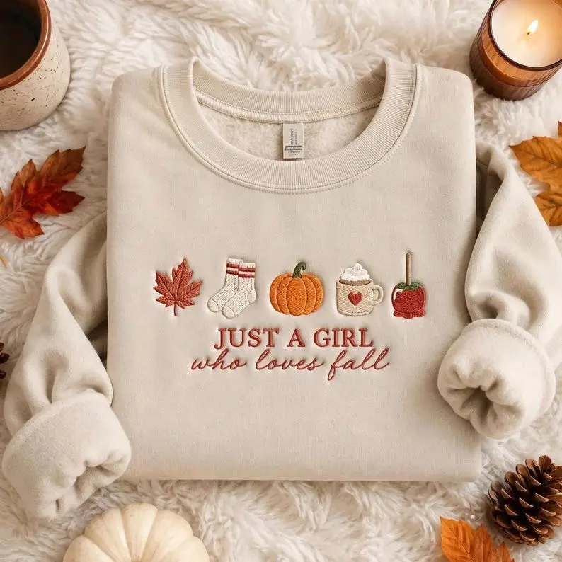 Embroidered Cozy Autumn Apparel, Unisex Sweatshirt, T-shirt, And Hoodie, Cotton Top With Fall Quote And Cute Elements Graphic, Comfortable Casual Clothing For Everyday Style