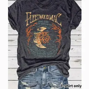 Women's Moon Print Round Neck Tee, Vintage Trendy Casual Short Sleeve T-shirt for Daily Wear, Ladies Summer Outfit, Top, Halloween OIO 721 W52