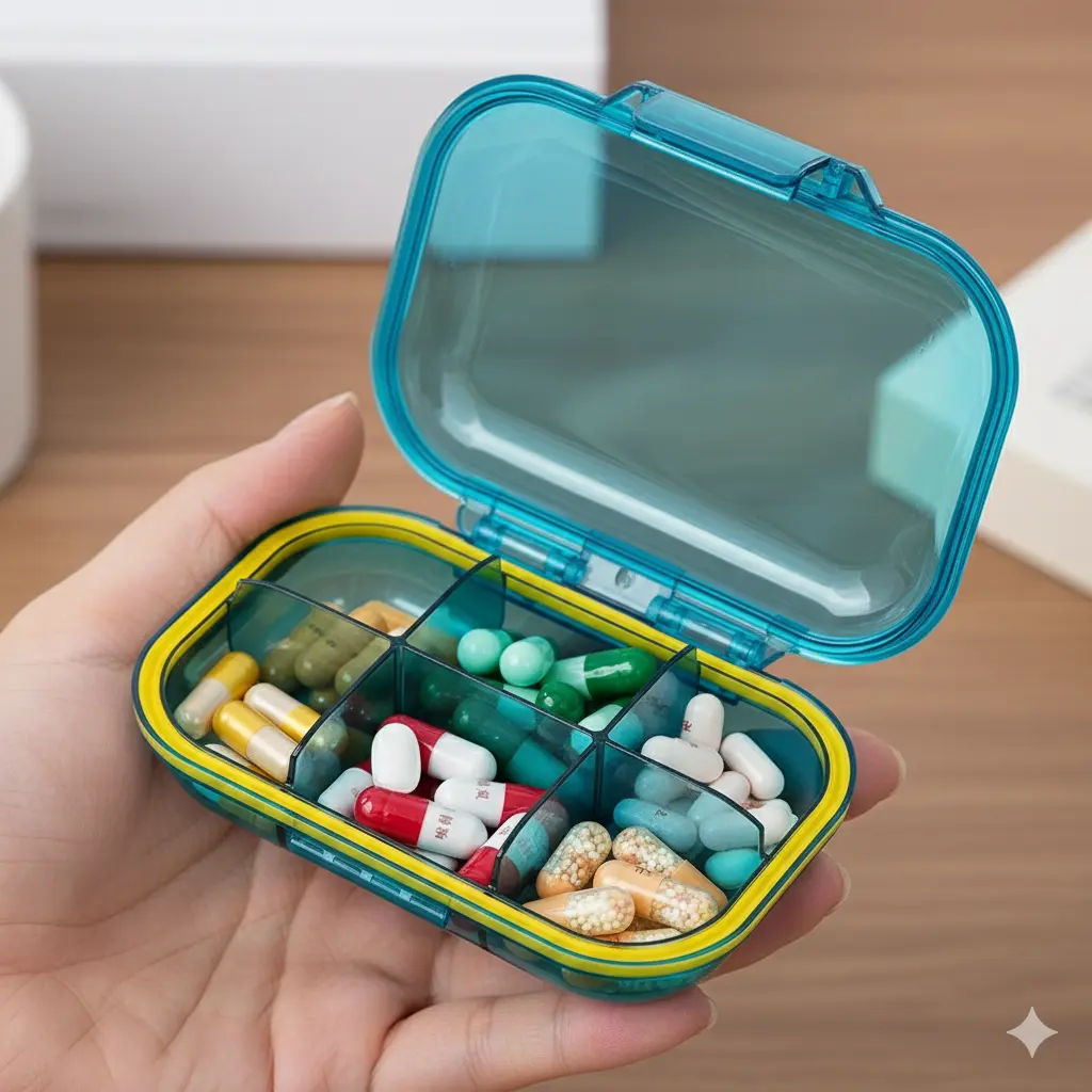 ASTRAVEA 6-compartment Portable Travel Pill Box, Small Medicine Box For Daily Household Use, Made Of Imported PC Material From Germany, With A Sealed Silicone Ring To Prevent Moisture And Large Capacity To Store Vitamins, Fish Oil, Pills, Supplements, Etc
