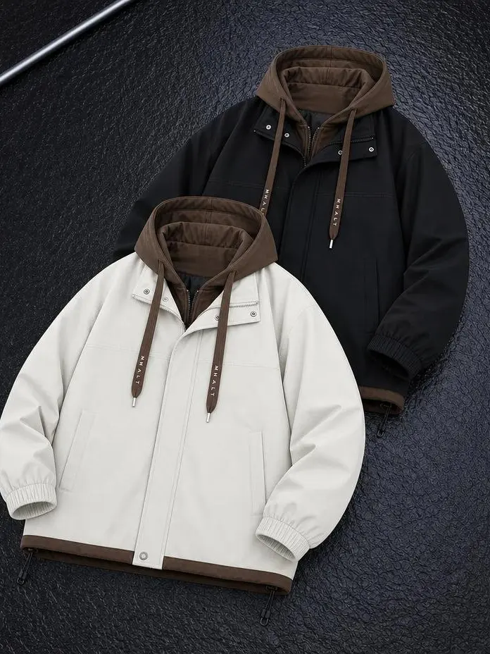 Men's Zip Up Hoodie Coat, Casual Loose Long Sleeve Hooded Sweatshirt jacket for Daily Wear Fake two-piece jacket, Men's Clothes for All Seasons, Zip Hooded Longsleeves Menswear