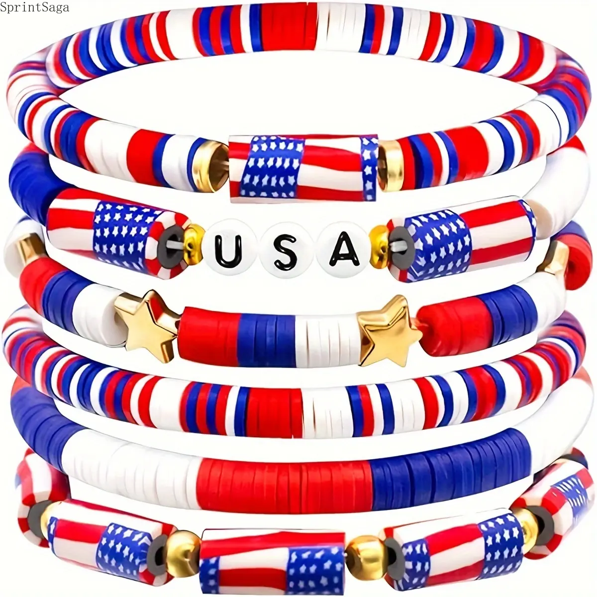 Women's 4th of July Patriotic Beaded Bracelet Set - Red White Blue Stackable Waterproof Beach Surfer Jewelry, USA Independence Day Gift, Bag Charm Accessory, Flag Colors, Patriotic Look, Stackable Set, Waterproof Charm, Patriotic Sparkle, Female