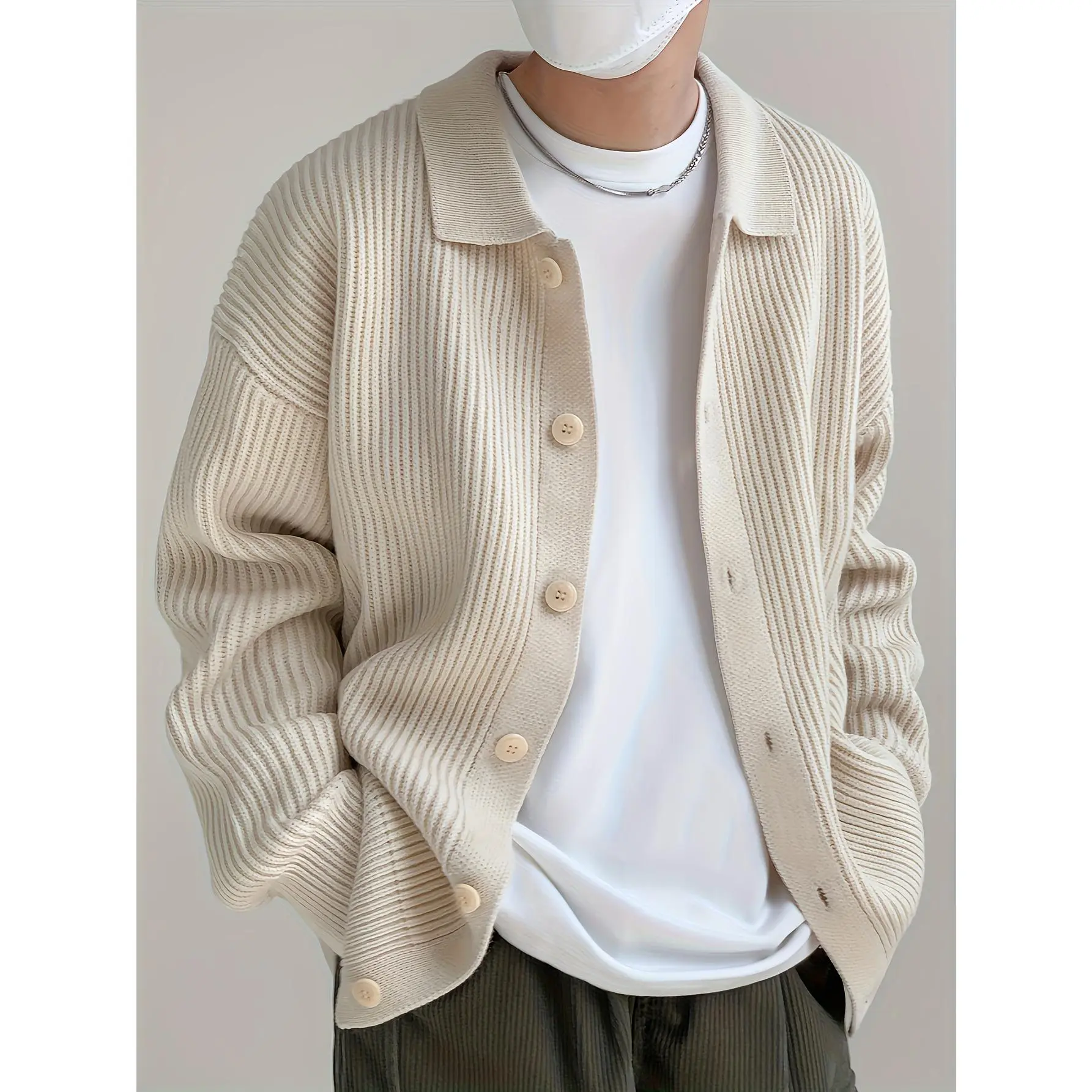 Men's Solid Color Loose Fit Button-Up Polyester Stretch Fabric Lapel Collar Knit Cardigan - Menswear Black Casual Top for Fall-Winter