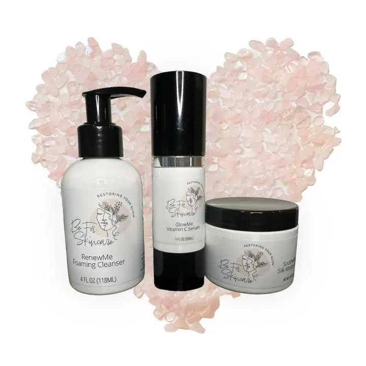 Be For Skincare NewMe Set - Trio Bundle with RenewMe Foaming Cleanser, GlowMe Vitamin C Serum & SootheMe Silk Moisturizer - Enriched with Vitamin E for Soothing & Nourishing Skin Care