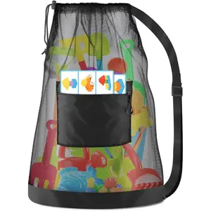 Large Mesh Drawstring Beach Bag Gym Backpack, Storage Organizer for Swim Pool Toys Balls Beach Toy Shells