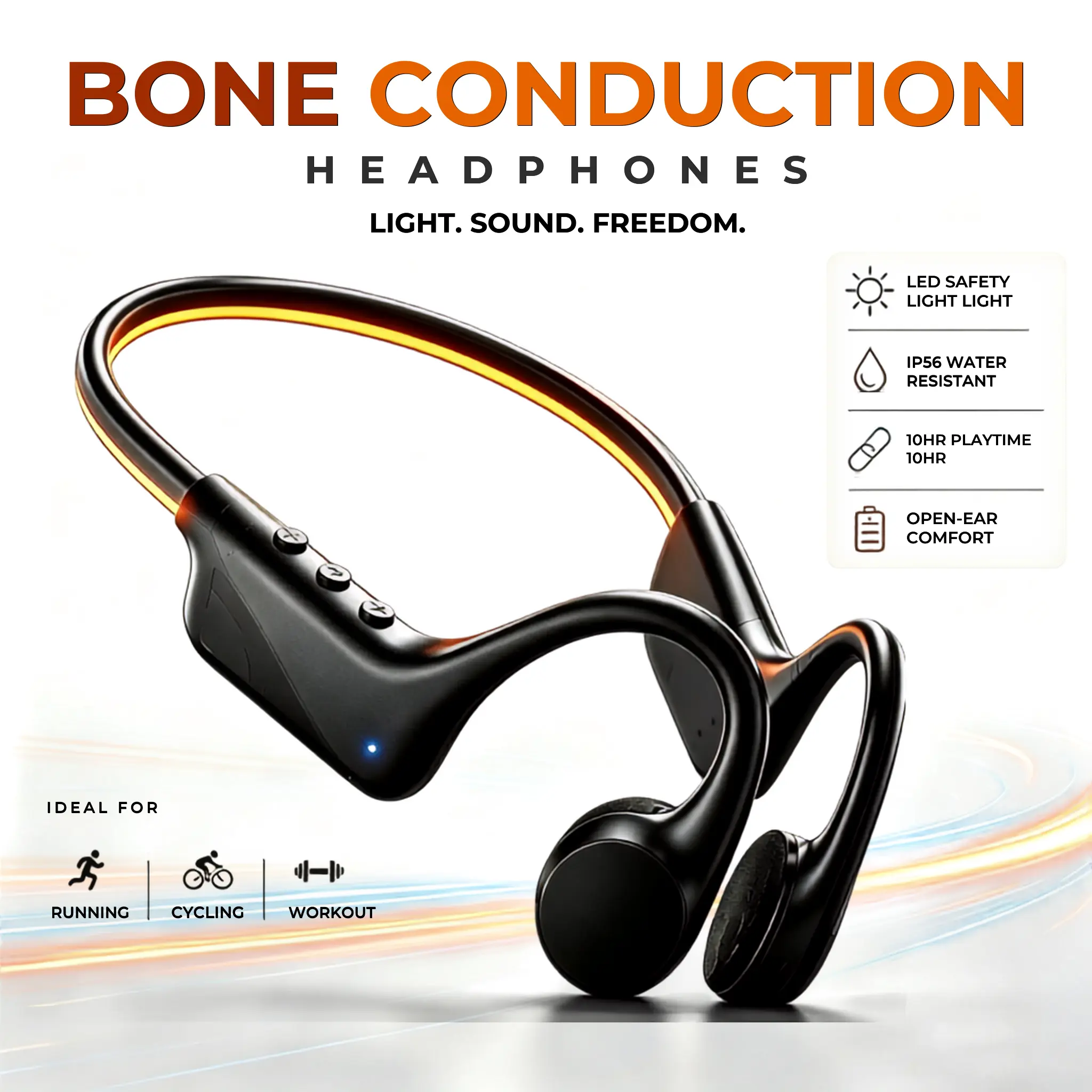 Back to School Haul Essential, Open-Ear Bone Conduction Bluetooth Headphones with LED Safety Light, 10-Hour Playtime, IP56 Water Resistant, Dual Device Connection for School, Gym & Running,back to school