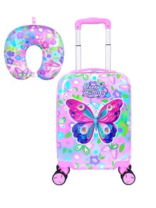 1 Set Kids Luggage Set, Cute Butterfly Print Hard Shell Suitcase with U-Shaped Neck Pillow, Lightweight Rolling Carry On Luggage for Girls, Travel Suitcase for School Trip, Vacation, Airplane