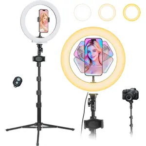 10" Ring Light with 66'' Tripod Stands & 2 Phone Holder, LED Circle Ring Lights Compatible with  Phones, 3 Color & 10 Brightness Level, for Live Stream, Makeup, Zoom, , YouTube