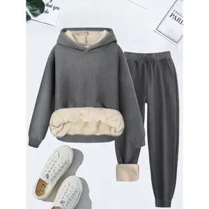 Women's  Thermal Lined   Solid Color Hoodie & Drawstring Waist Pants Two-piece Set, Casual Long Sleeve Hooded Sweatshirt & Pocket Trousers for Fall & Winter, Women's Clothes for Daily Wear(gift) Womenswear Suits