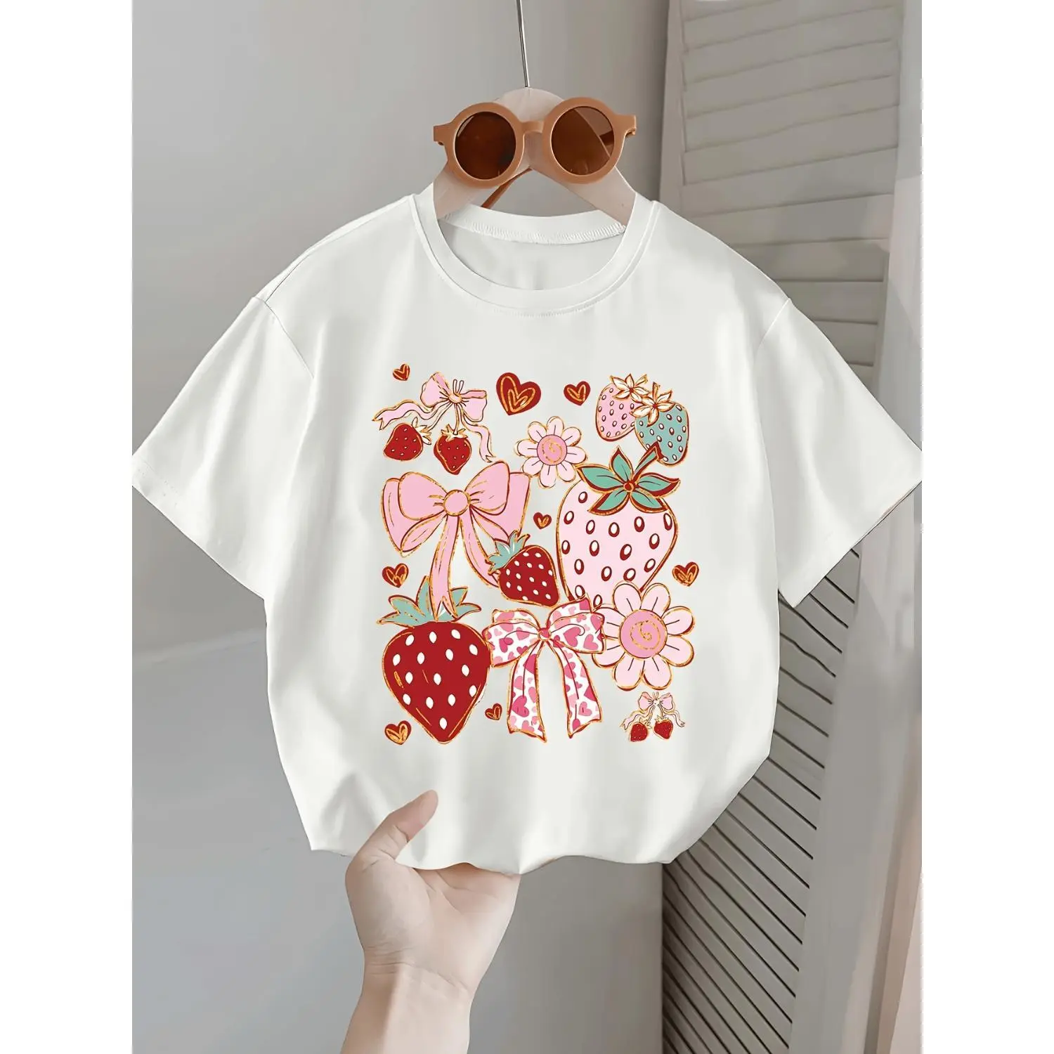 Girls' Floral Pattern Cute Bow Strawberry Round Neck T-Shirt, Spring-Summer Kids' Casual Tops, Cute Bow Tshirt