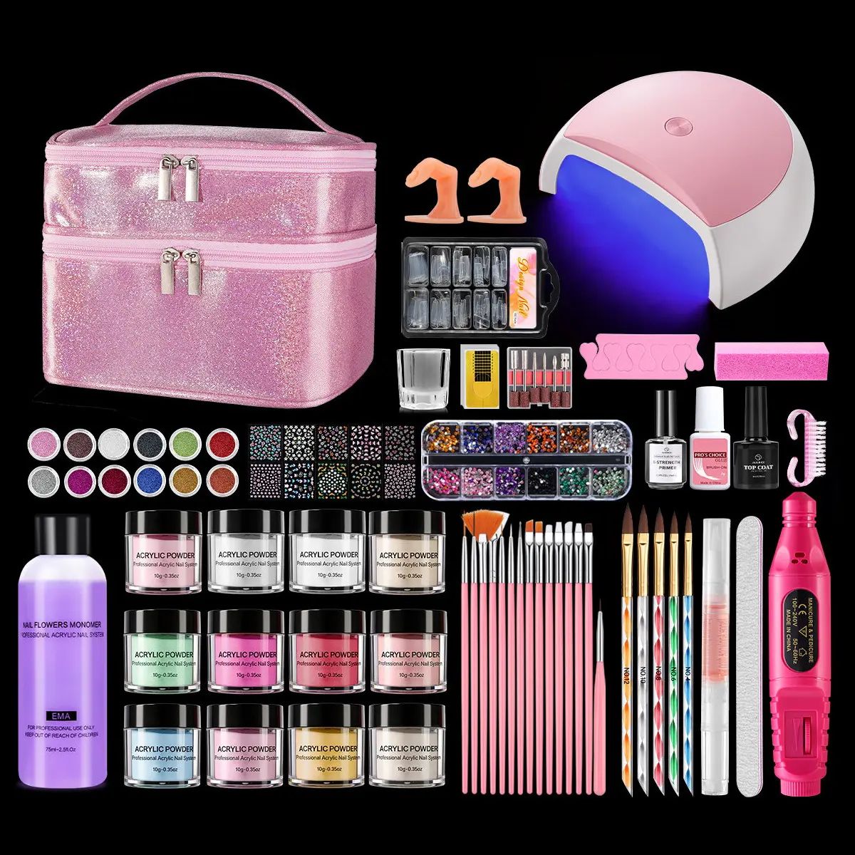 ROSIOUR All-in-1 Acrylic Nail Care Kit for Beginners - Adjustable UV Lamp, Repairing Drill, Glitter Powder, Liquid, Pink Gift Bag, Cuticle Manicure Tools, Storage Solution, Flawless Salon-Quality Results At Home, Acrylic Nail Kit