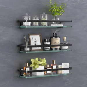 Bathroom Wall Shelf 15.7in Bathroom Glass Shelves Wall Mount Glass Shelf Rustproof Bathroom Wall Organizer 3 Tier (Black)