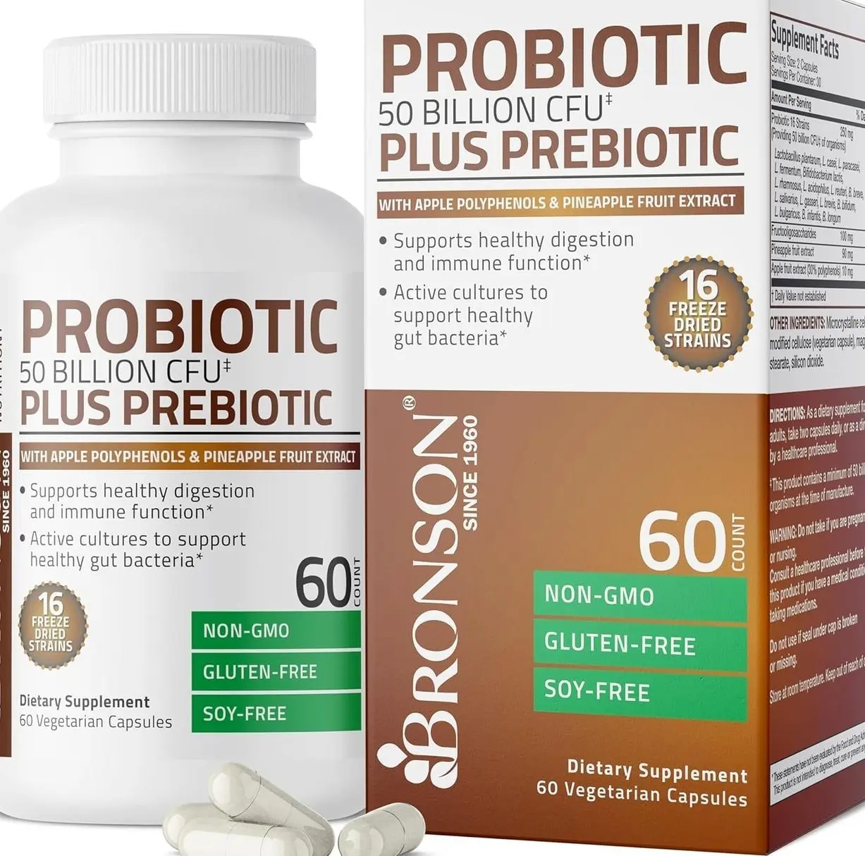 Bronson Probiotic 50 Billion CFU + Prebiotic with Apple Polyphenols & Pineapple Fruit Extract for Women & Men Non-GMO, 60 Vegetarian Capsules