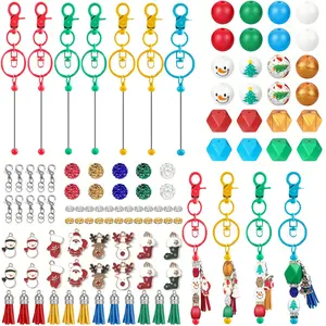 52/104 PCS Christmas Bead Keychain Set, DIY Christmas Bead Keychain Loose, with Different Beads, Various Tassel Pendants, Suitable for DIY Christmas Gifts