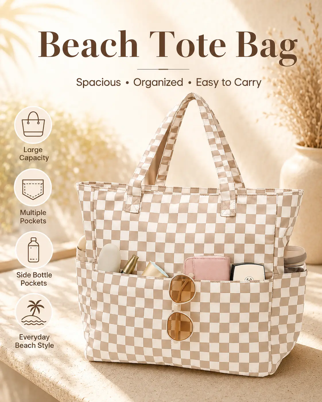 Large Beach Bag Women Waterproof Sandproof Zipper Beach Tote Pool Bag for Swim Gym Grocery Travel with Wet Pocket, Waterproof summerwins,Swim Cruise Vacation Essentials,Lightweight Quilted Tote Bag with Zipper Closure, Multi-Pocket Travel & Work Bag
