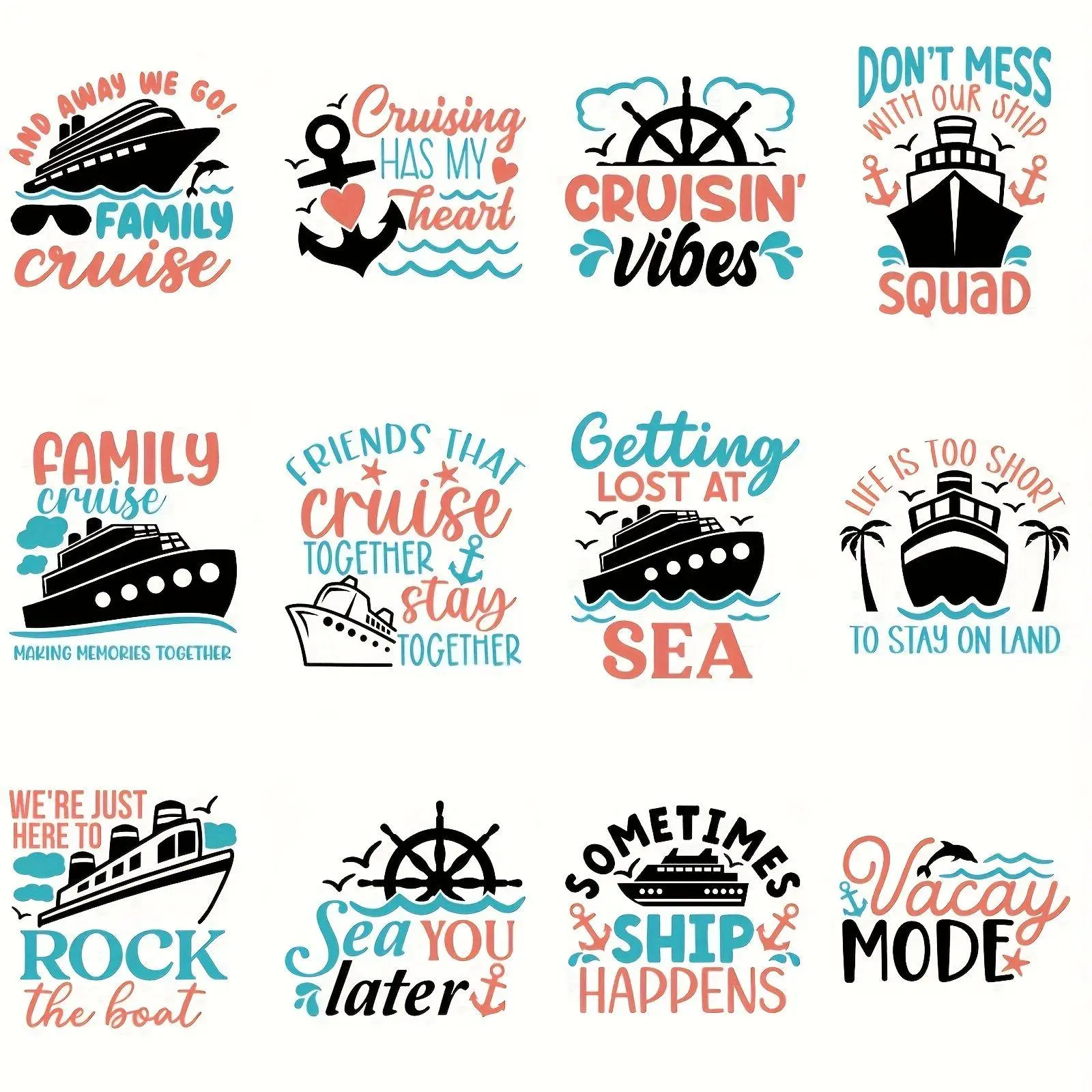 Nautical Cruise Vinyl Iron-on Transfer Stickers, 12pcs/set Mixed Color Marine Designs & Playful Phrases for DIY T-shirts, Bags, Hats, Handcraft DIY Material, DIY Products