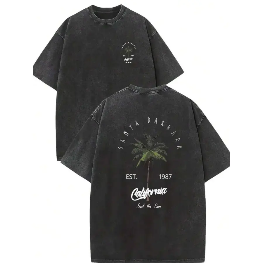 Men's Graphic T-Shirt, Vintage Santa Barbara Loose Fit Washed Cotton Shortsleeve Tee, Retro Round Neck Summer Menswear Top, Simple, Machine Wash, Baggy, Pure Cotton, Oversize Fit, Vintage T Shirts, Men's Graphic Tees, 4Xl, Breathable, Casual, 3Xl