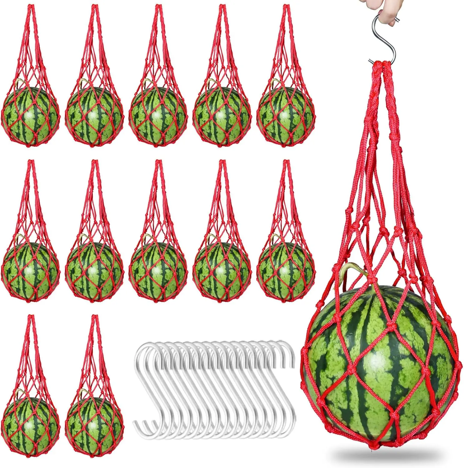 12 Pack Melon Hammocks Cradles with S  Hooks, Heavy Duty Watermelon Nets Melon Hammock for Trellis Pumpkin  Bags for Growing Cantaloupe Pumpkin in Vertical Garden (Red, 12)